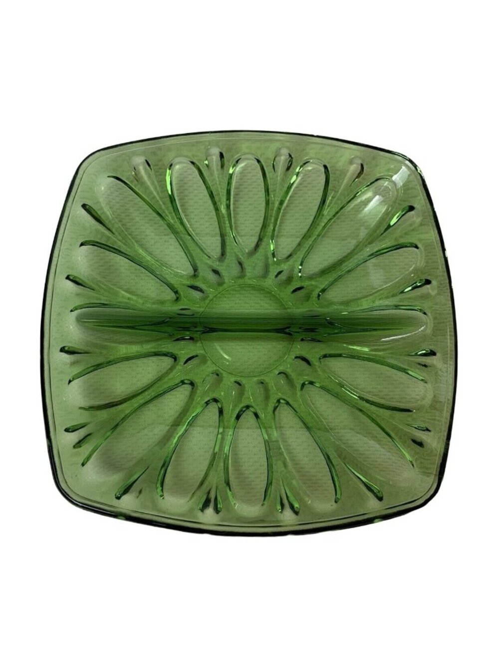 Vintage Green Glass Square Divided Serving Dish 7"x7" MCM Retro Flower Design